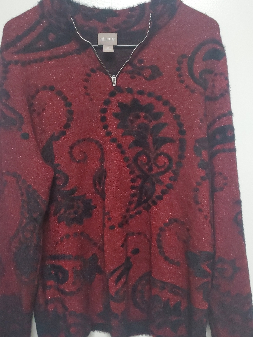 Chico's Burgundy and Black Paisley Zip-Front Sweater